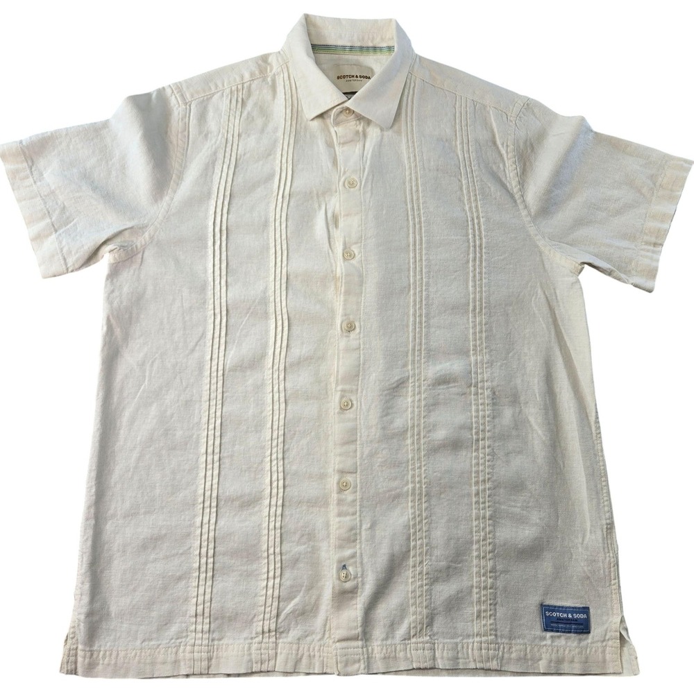 Scotch & Soda Shirt Mens M White Short Sleeve Button Up Pleated Linen Relaxed